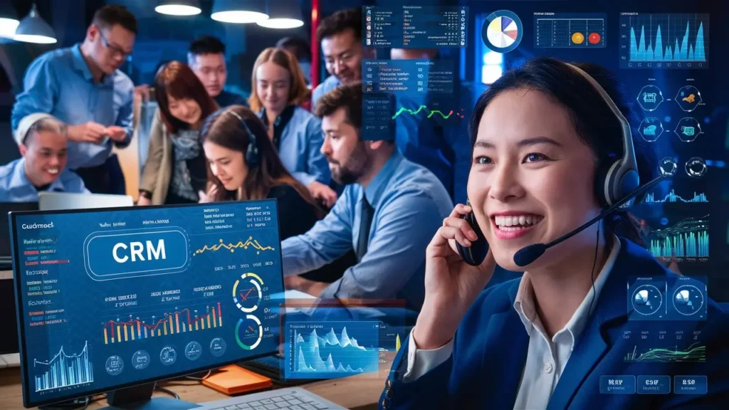 "Team of manufacturing employees using a CRM dashboard to improve customer service and manage relationships, with a representative handling a client call."