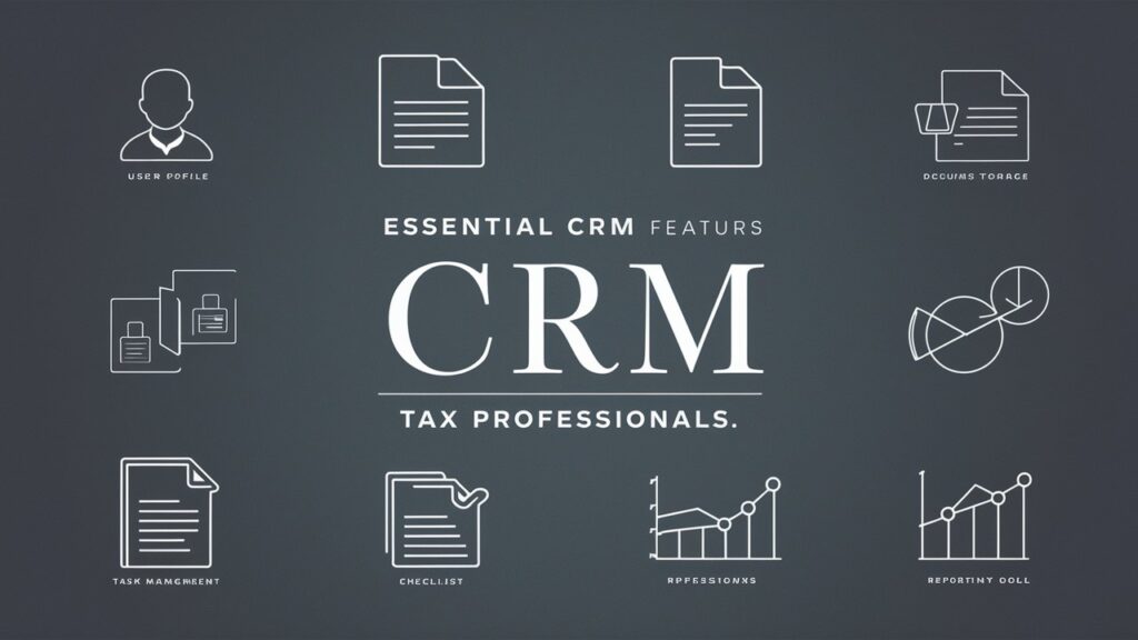 "Infographic highlighting CRM features for tax professionals: client management, document storage, task management, and reporting tools."
