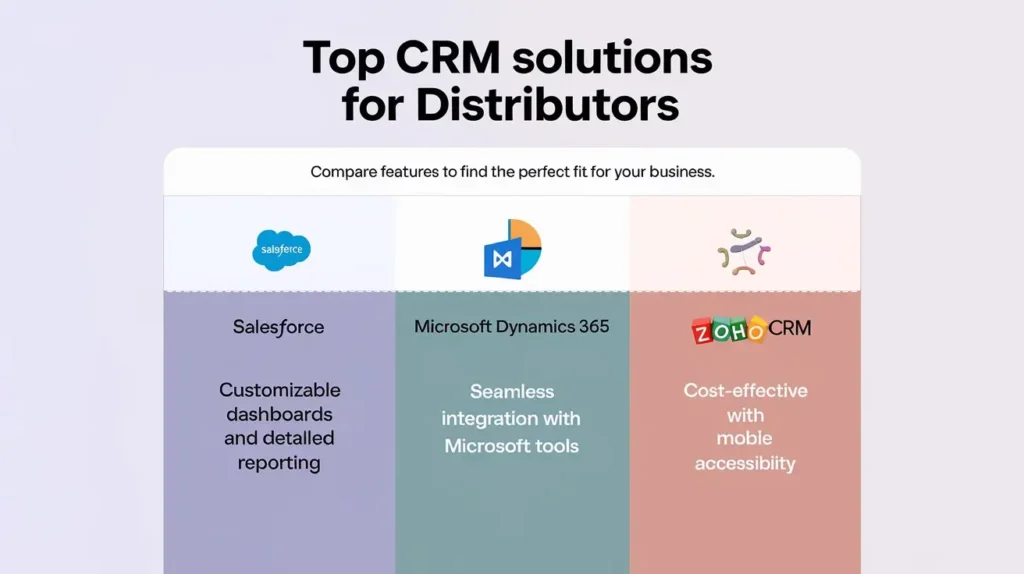 "Comparison of distributor CRMs: Salesforce, Microsoft Dynamics, Zoho CRM features, and benefits."