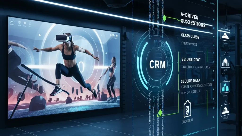 "Futuristic gym CRM interface showcasing AI-driven class suggestions and virtual reality workout trends."