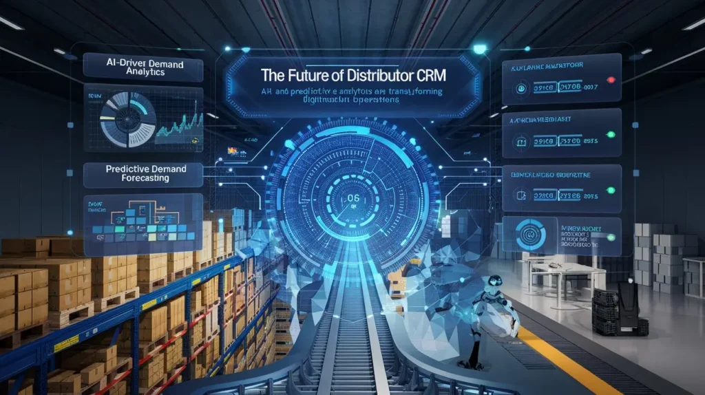 "Futuristic distributor CRM dashboard with AI-driven analytics and predictive demand forecasting.