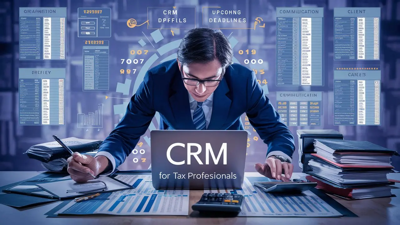 "Tax professional using CRM software to manage client relationships, deadlines, and communication logs."