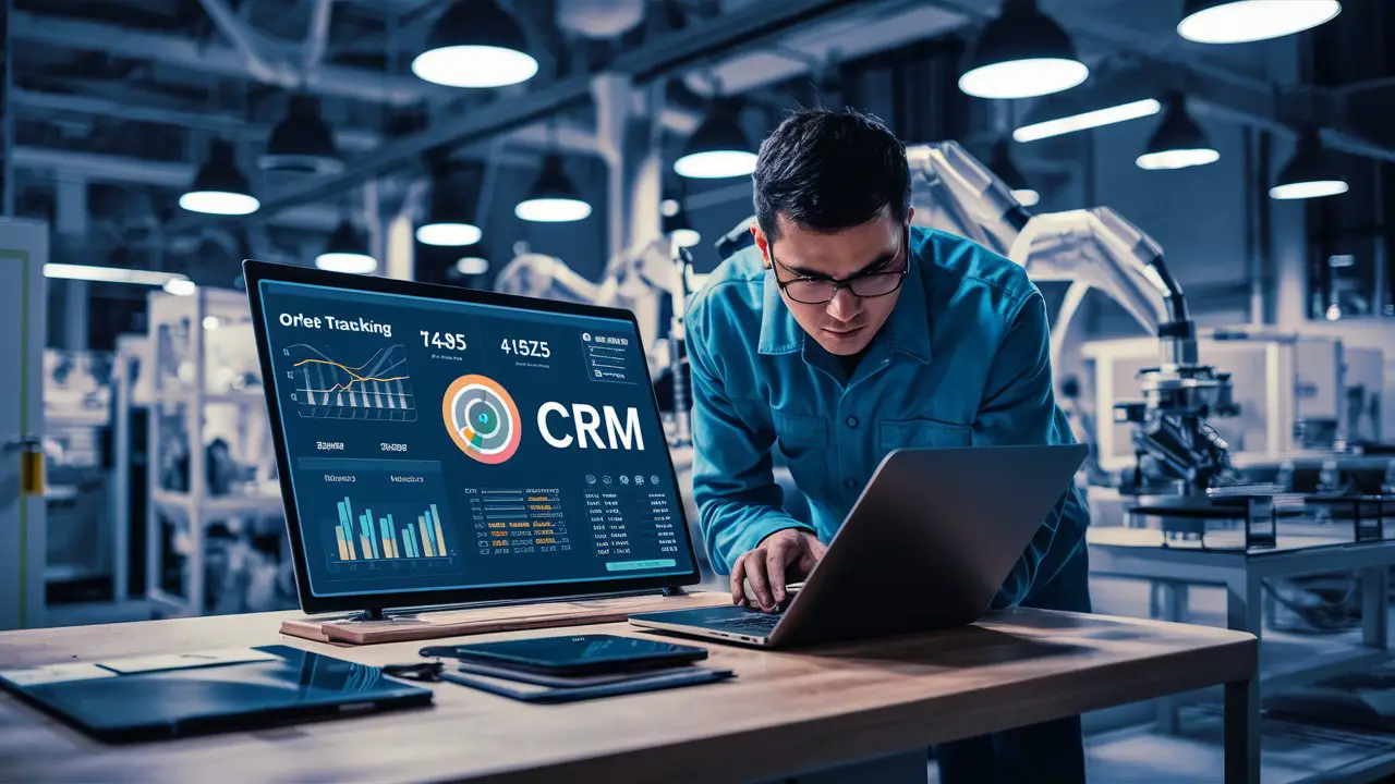 Manufacturing professional using a CRM dashboard to manage operations, track orders, and analyze customer data.