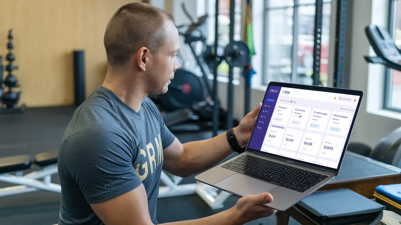 "Gym manager using CRM software to track member profiles, schedules, and payments in a fitness center."