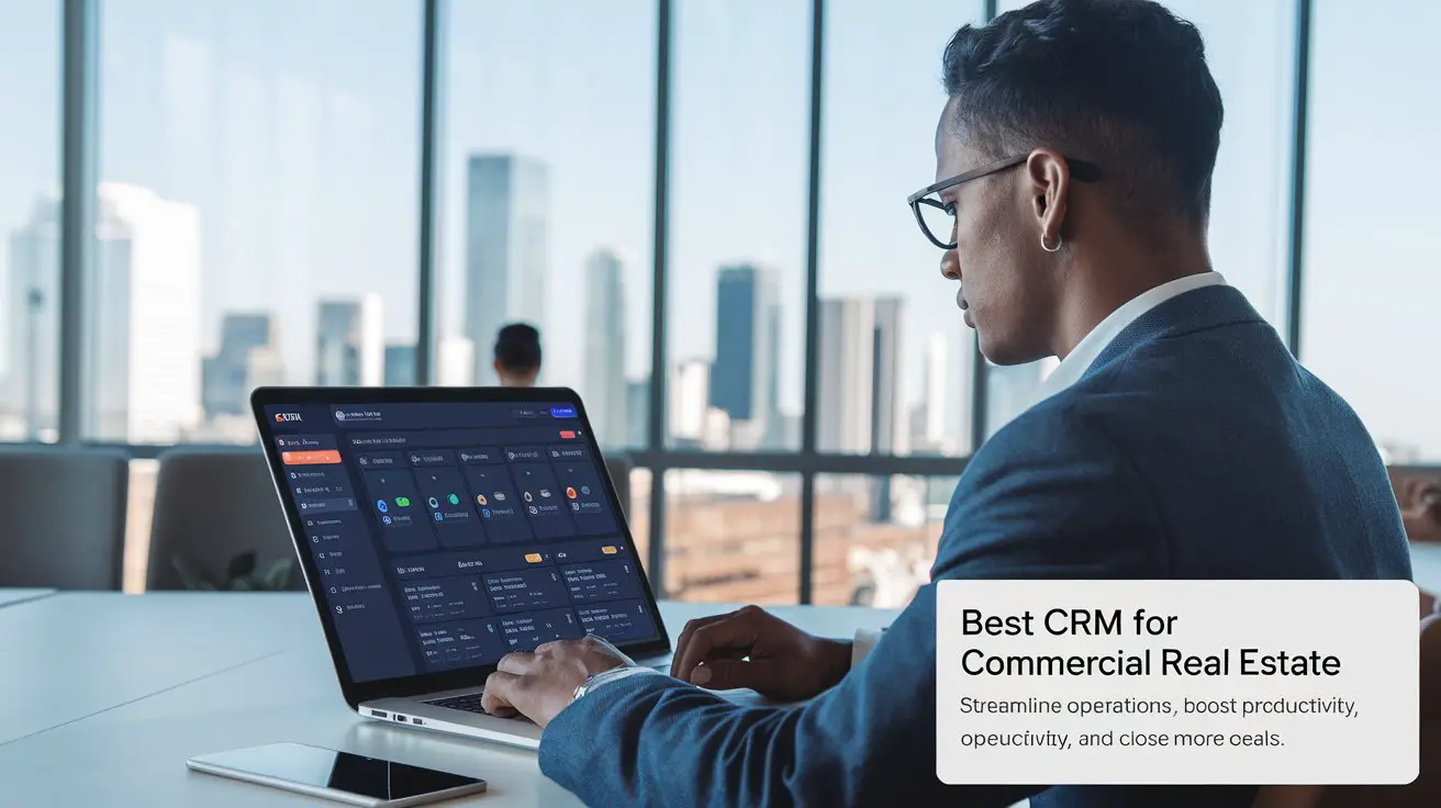 Real estate agent using CRM software in a modern office with a city skyline backdrop.