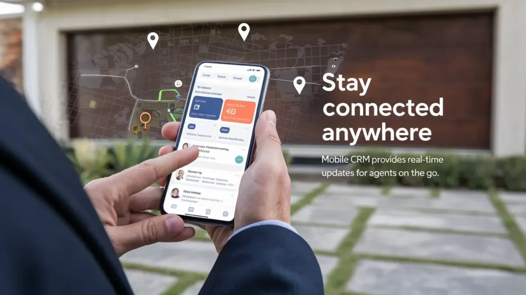 "Real estate agent using mobile CRM app with real-time updates and a cityscape background."