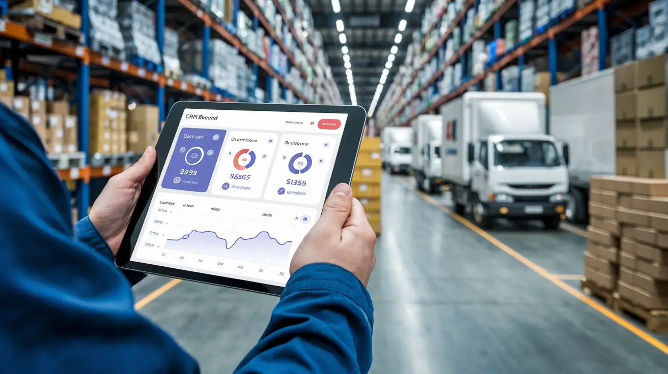 "Warehouse manager using CRM software on a tablet with inventory and logistics in the background."