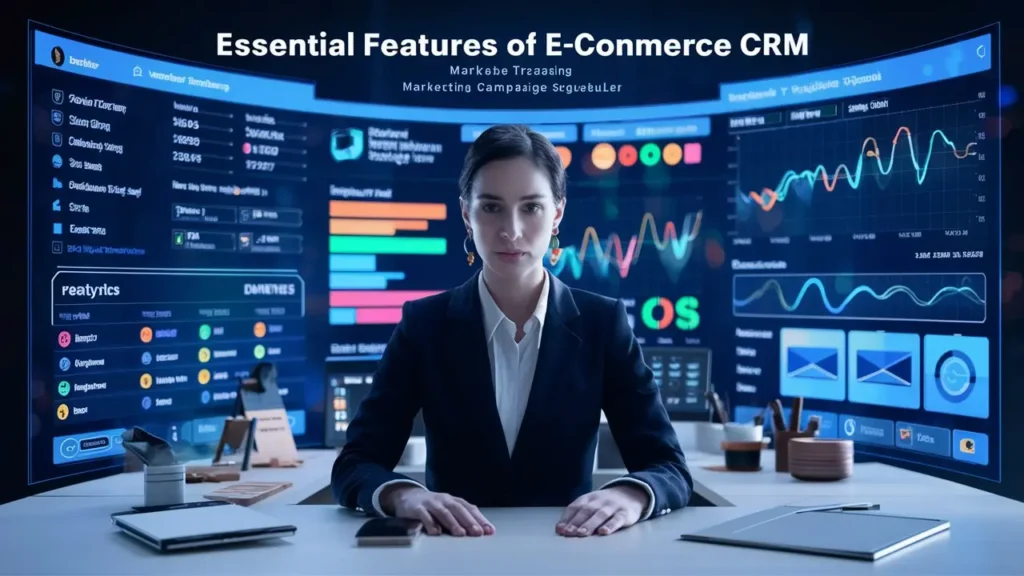 "CRM tools for e-commerce displaying customer data management, sales tracking, and marketing automation dashboards."