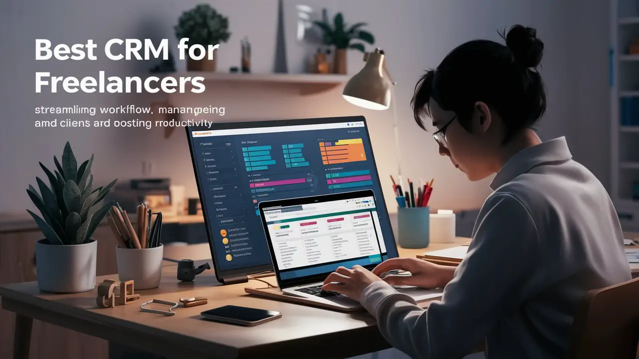 "Freelancer using a CRM dashboard to manage client tasks and projects in a home office."