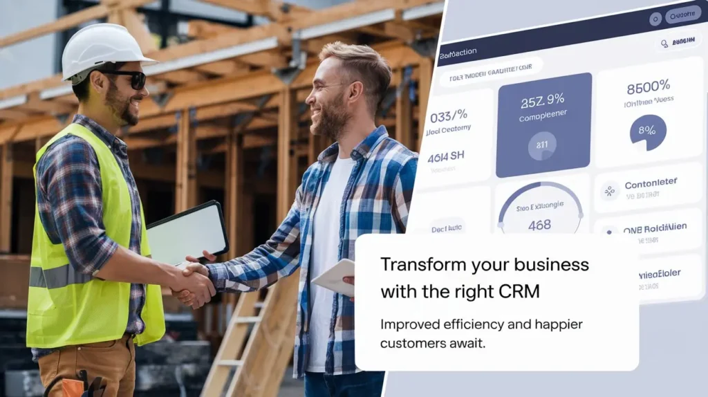 "Electrical contractor shaking hands with a customer alongside a CRM dashboard."