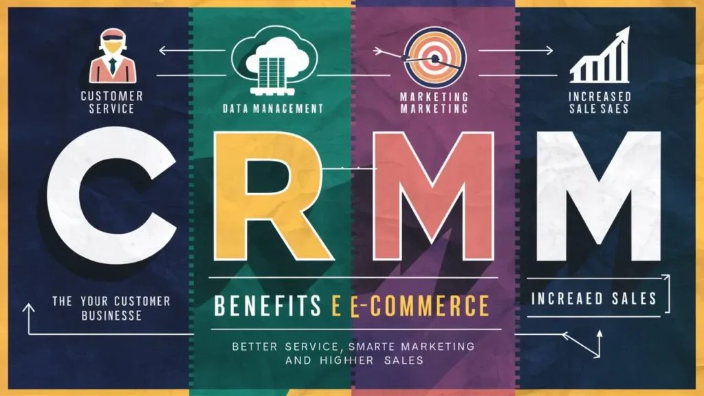 "Infographic showing CRM benefits for e-commerce, including customer service, data management, and increased sales."