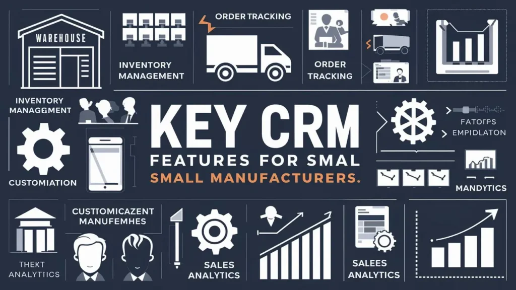 "Infographic showing essential CRM features for small manufacturing businesses: inventory management, order tracking, customization, and sales analytics."