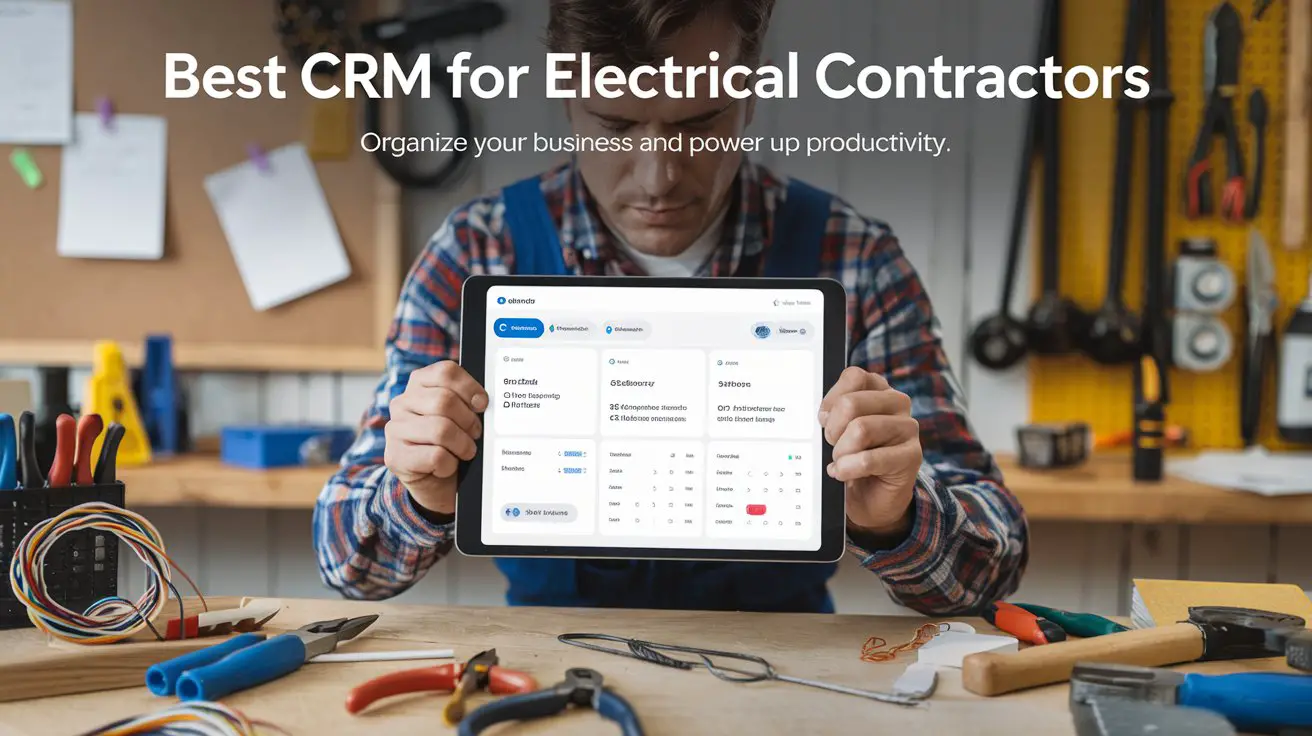 "Electrical contractor using CRM software on a tablet with tools and job notes."