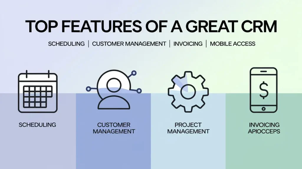 "Infographic of CRM features including scheduling, invoicing, customer management, and mobile access."