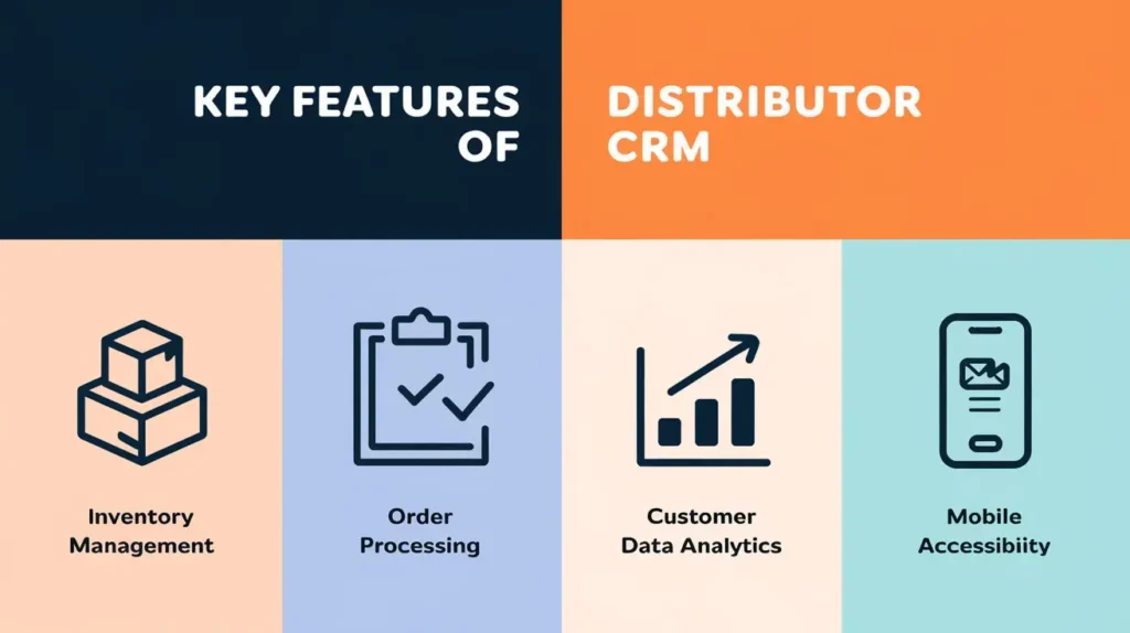 "Essential distributor CRM features: inventory management, order processing, data analytics, and mobile access."