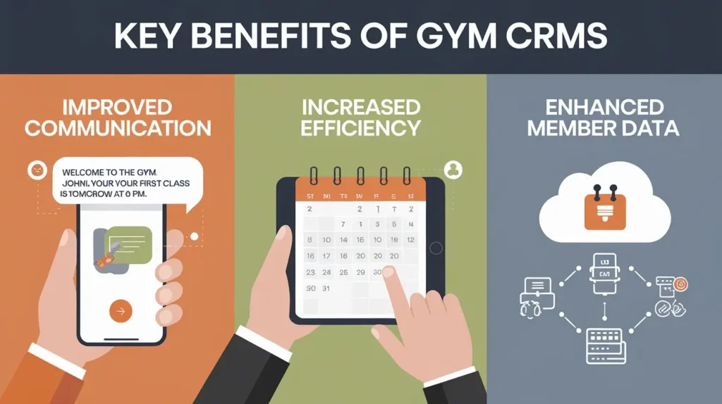 "Infographic highlighting CRM benefits for gyms: improved communication, scheduling efficiency, and member data management."