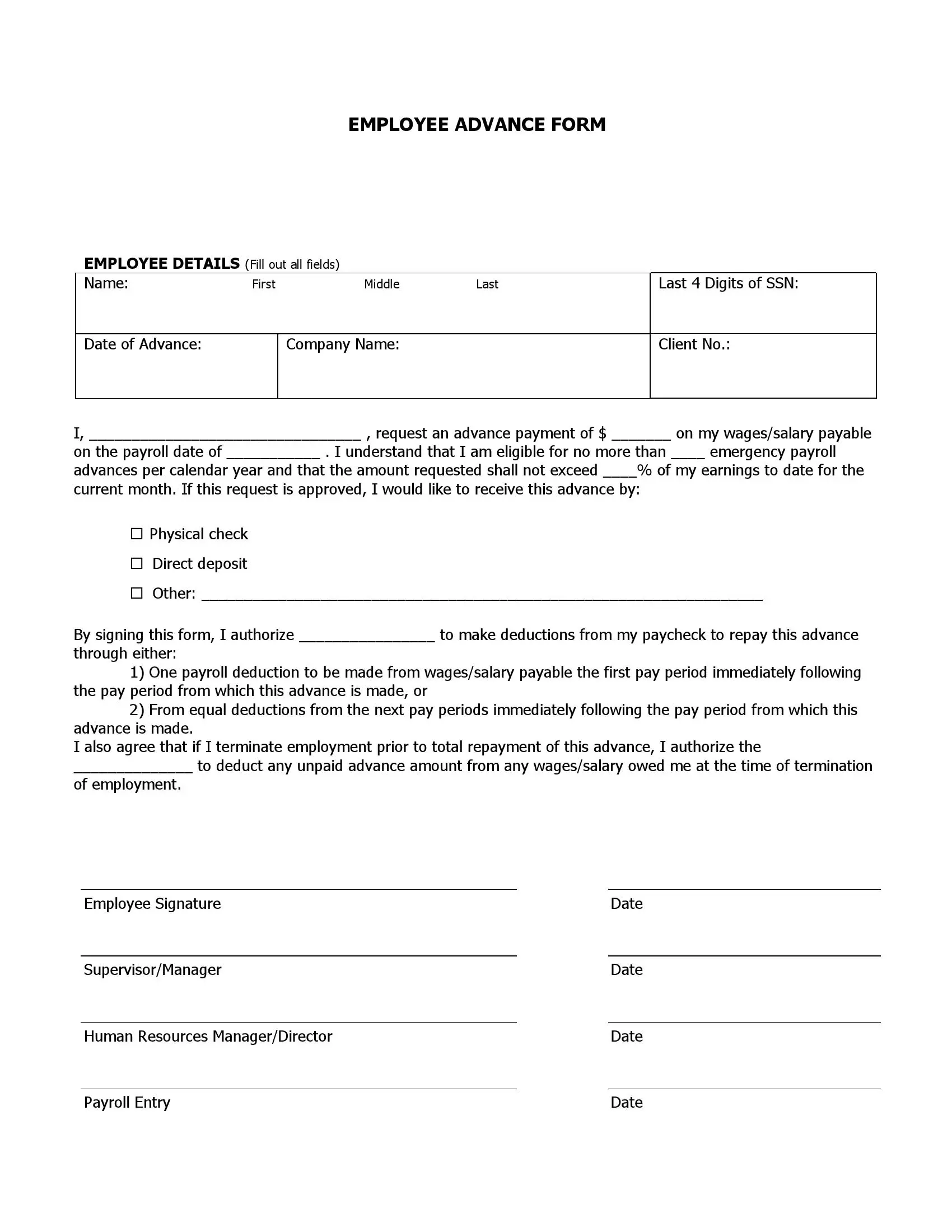 Payroll Advance Agreement Template